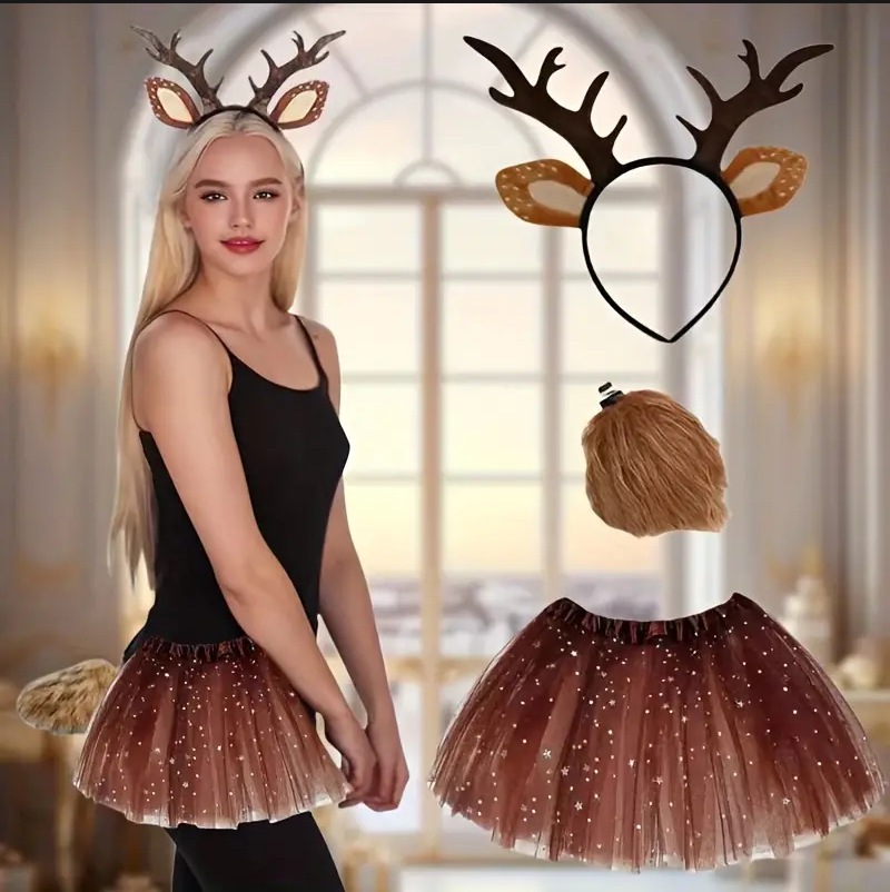 Reindeer Costume Set Tutu Skir - Reindeer Antlers Headband review and price